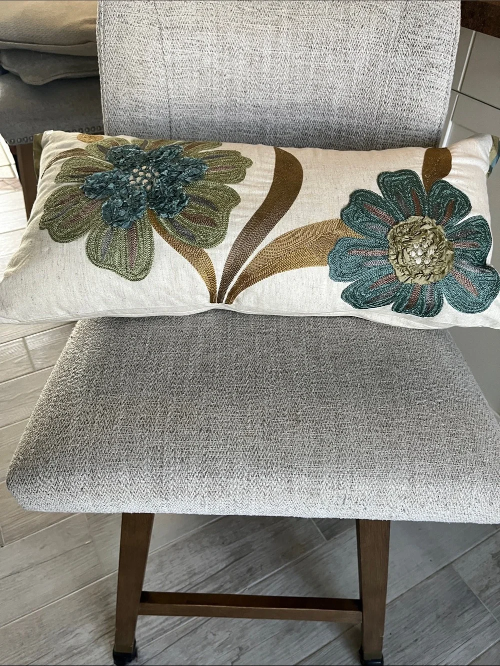 Pier 1 floral embroidered textured  boho lumbar pillow olive teal ribbon trim